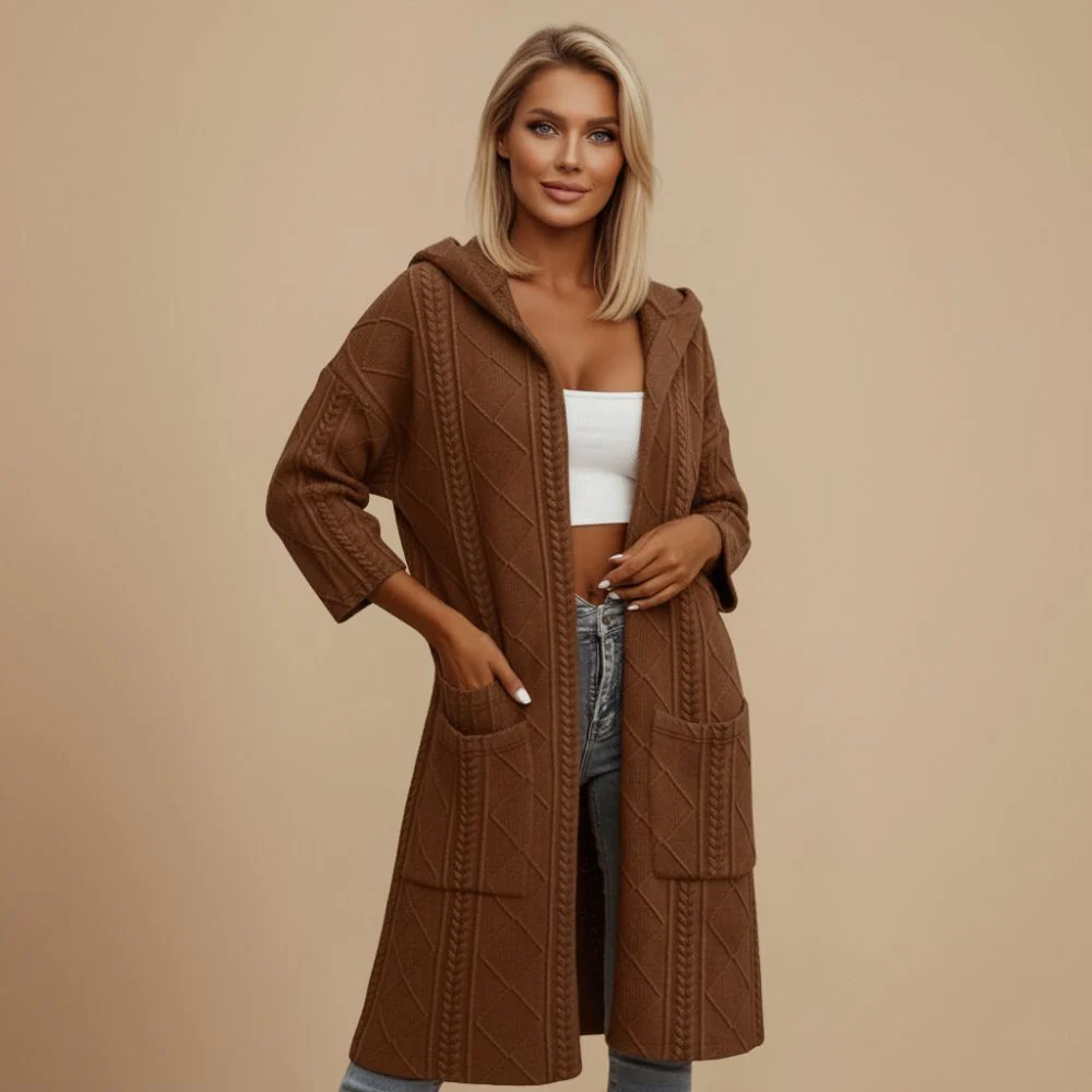 Women's cable knit long hooded cardigan