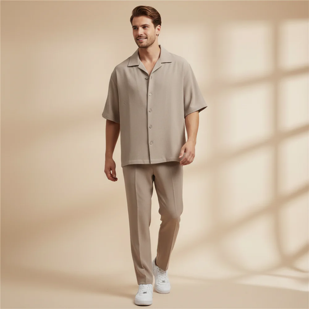 Men's short sleeve button top and trouser set