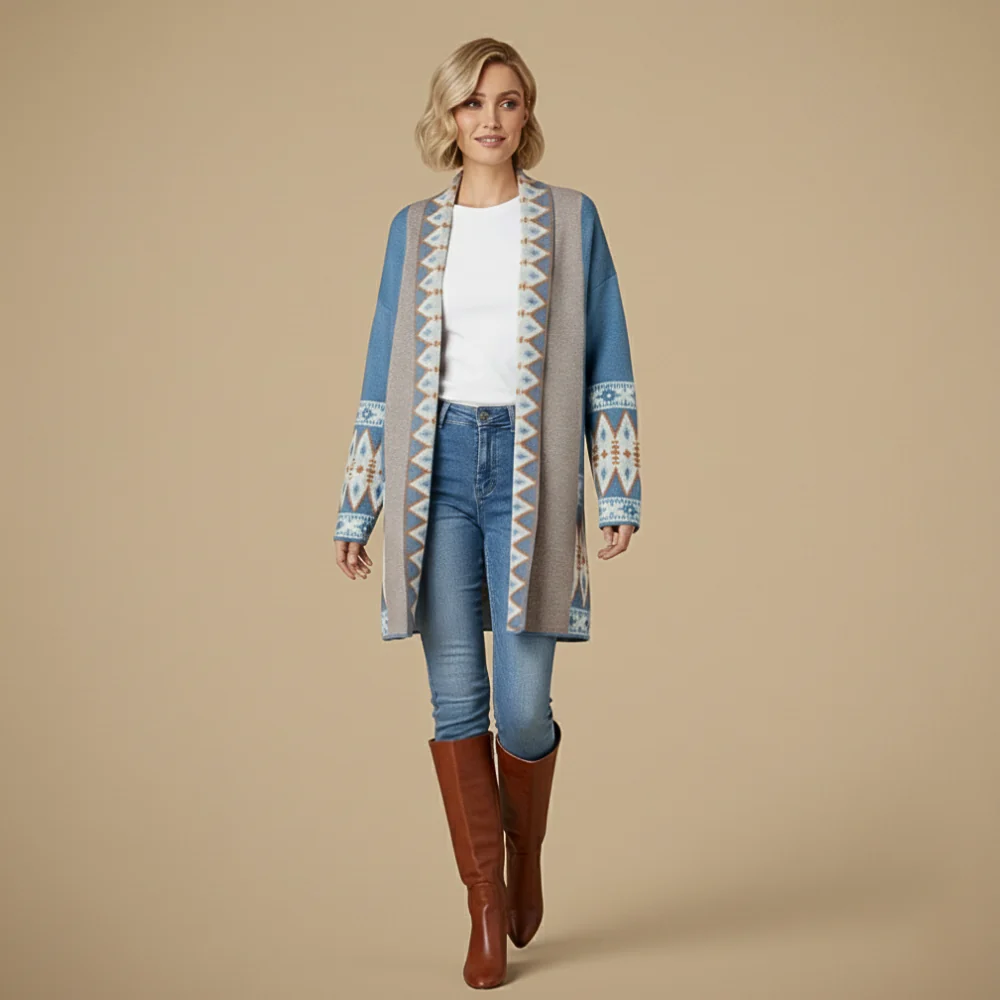 Women's geometric print open front knit cardigan