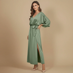 Women's elegant v-neck midi dress with tie belt