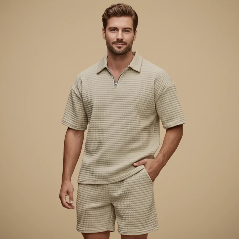 Men's quarter zip collar short sleeved and short set