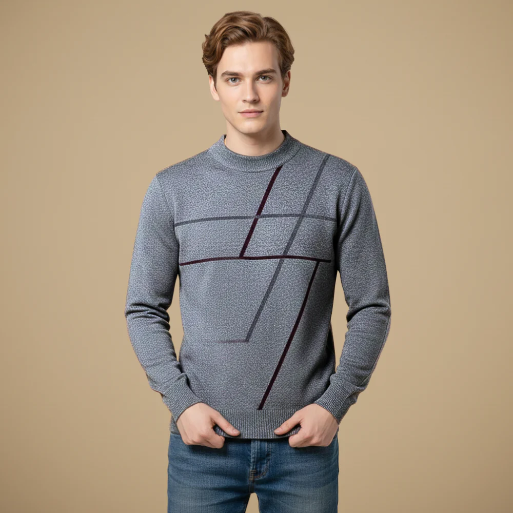 Men's long sleeve round neck patterned knitted sweater