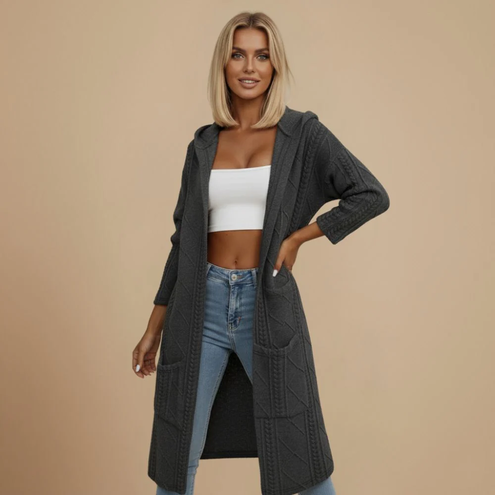 Women's cable knit long hooded cardigan