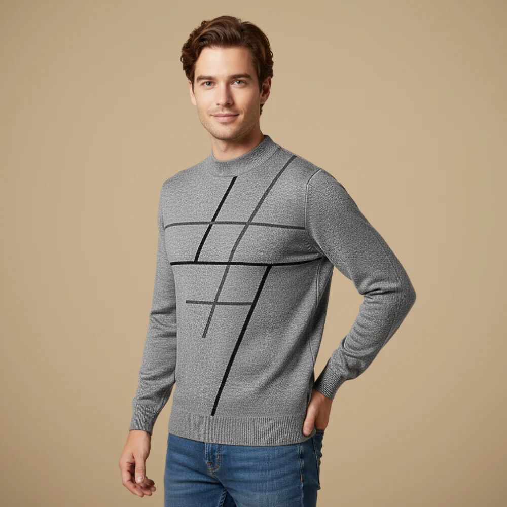 Men's long sleeve round neck patterned knitted sweater
