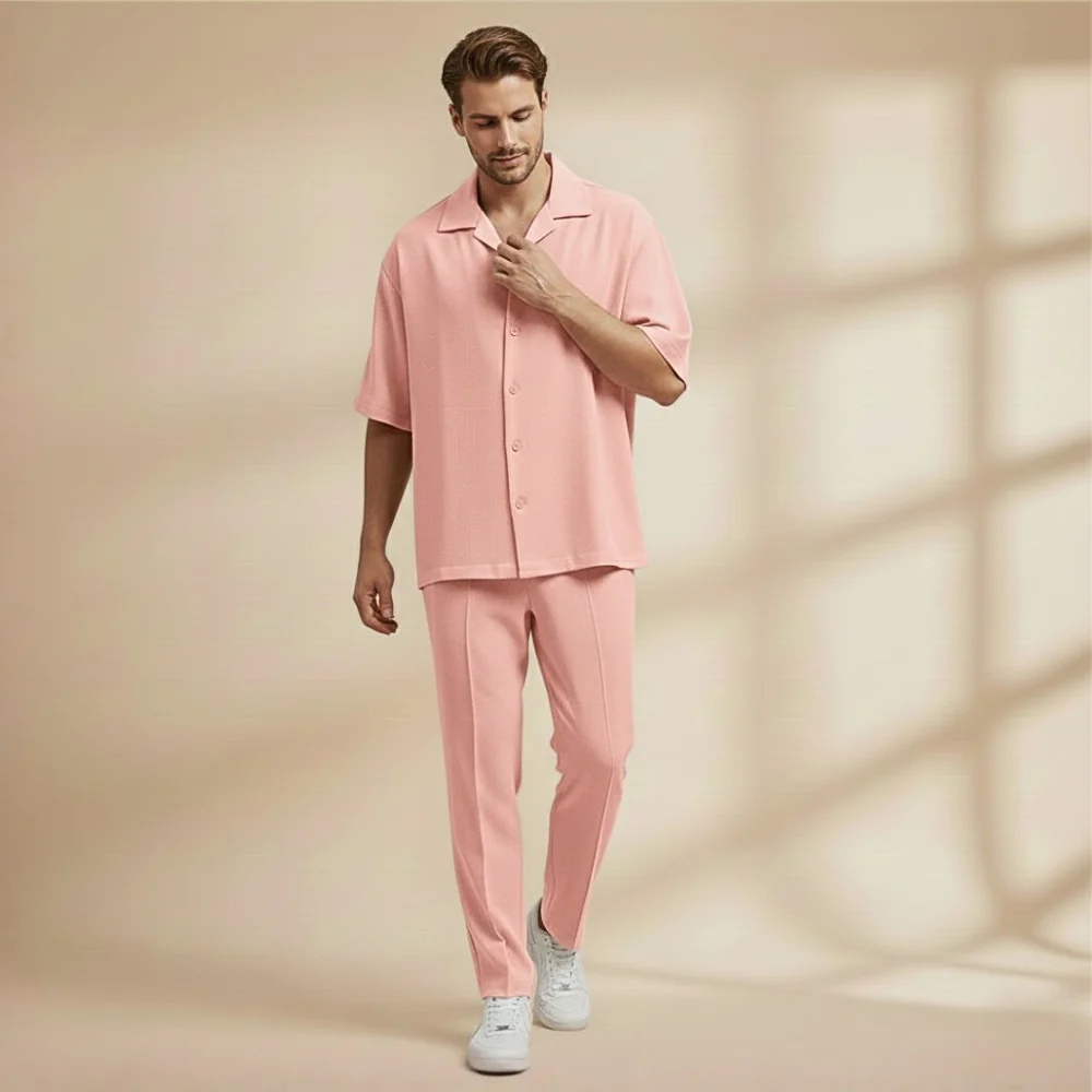 Men's short sleeve button top and trouser set