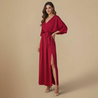 Women's elegant v-neck midi dress with tie belt