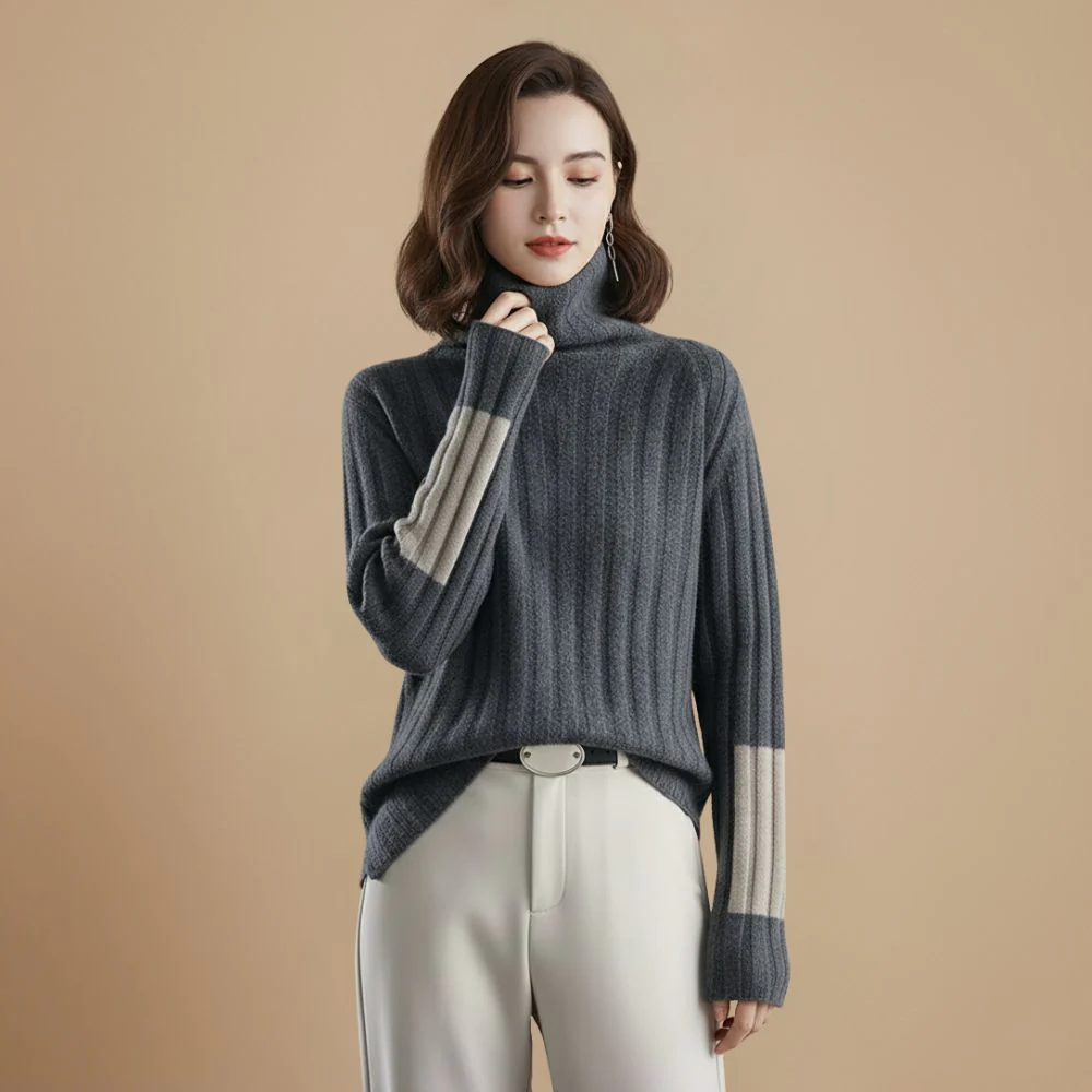Women turtleneck colour block winter jumper
