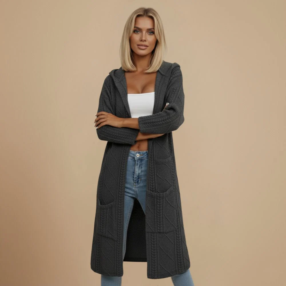 Women's cable knit long hooded cardigan