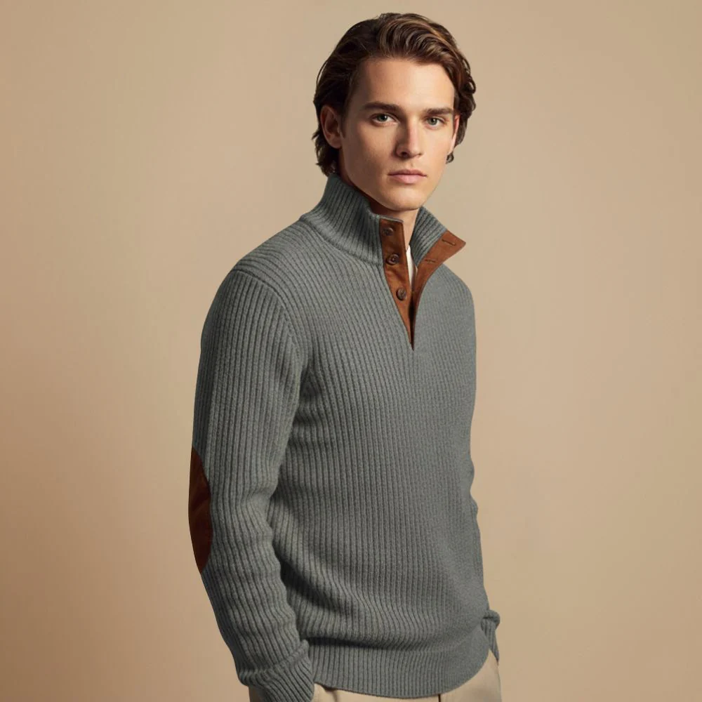 Men's stand collar pullover with elbow patches