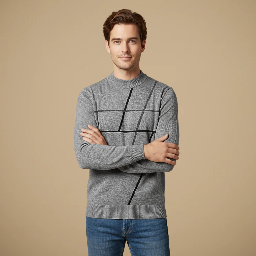 Men's long sleeve round neck patterned knitted sweater