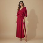 Women's elegant v-neck midi dress with tie belt