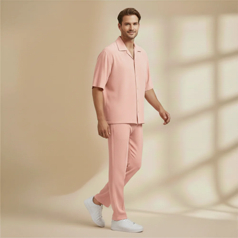 Men's short sleeve button top and trouser set