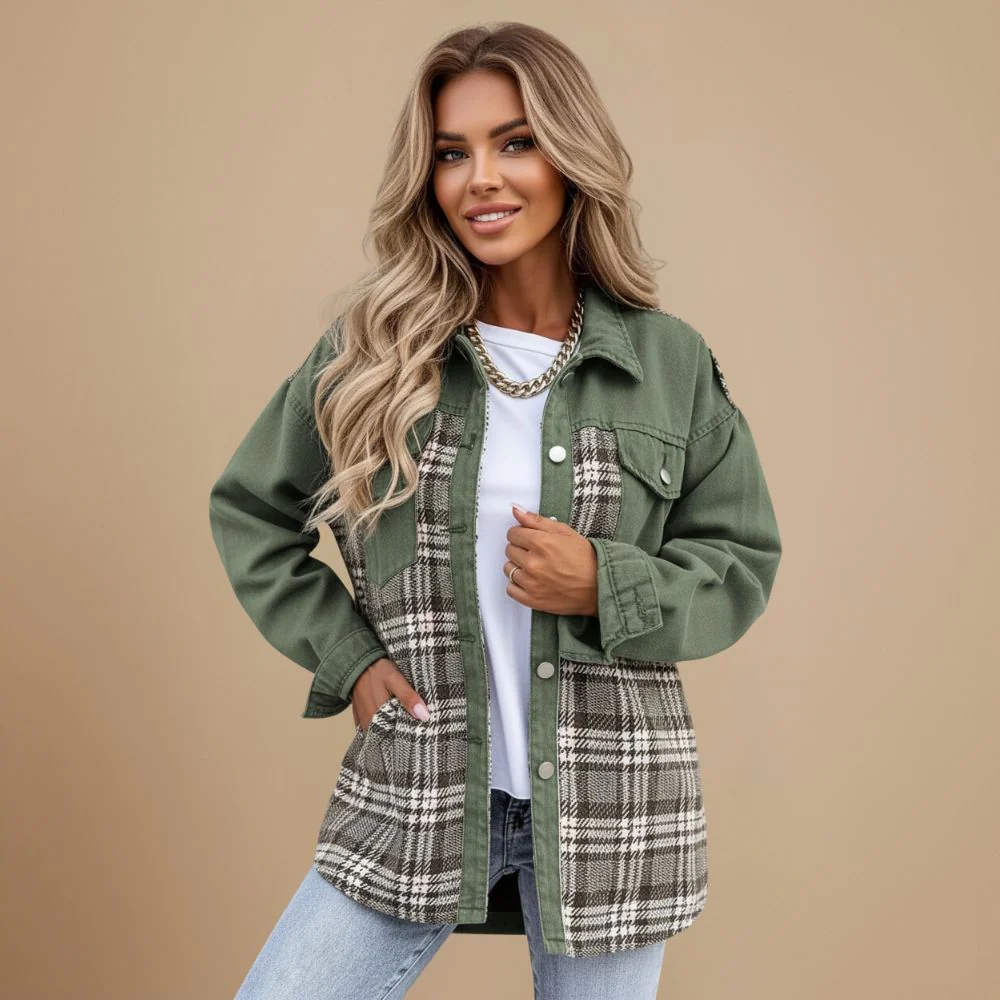 Women's checked pattern casual denim jacket