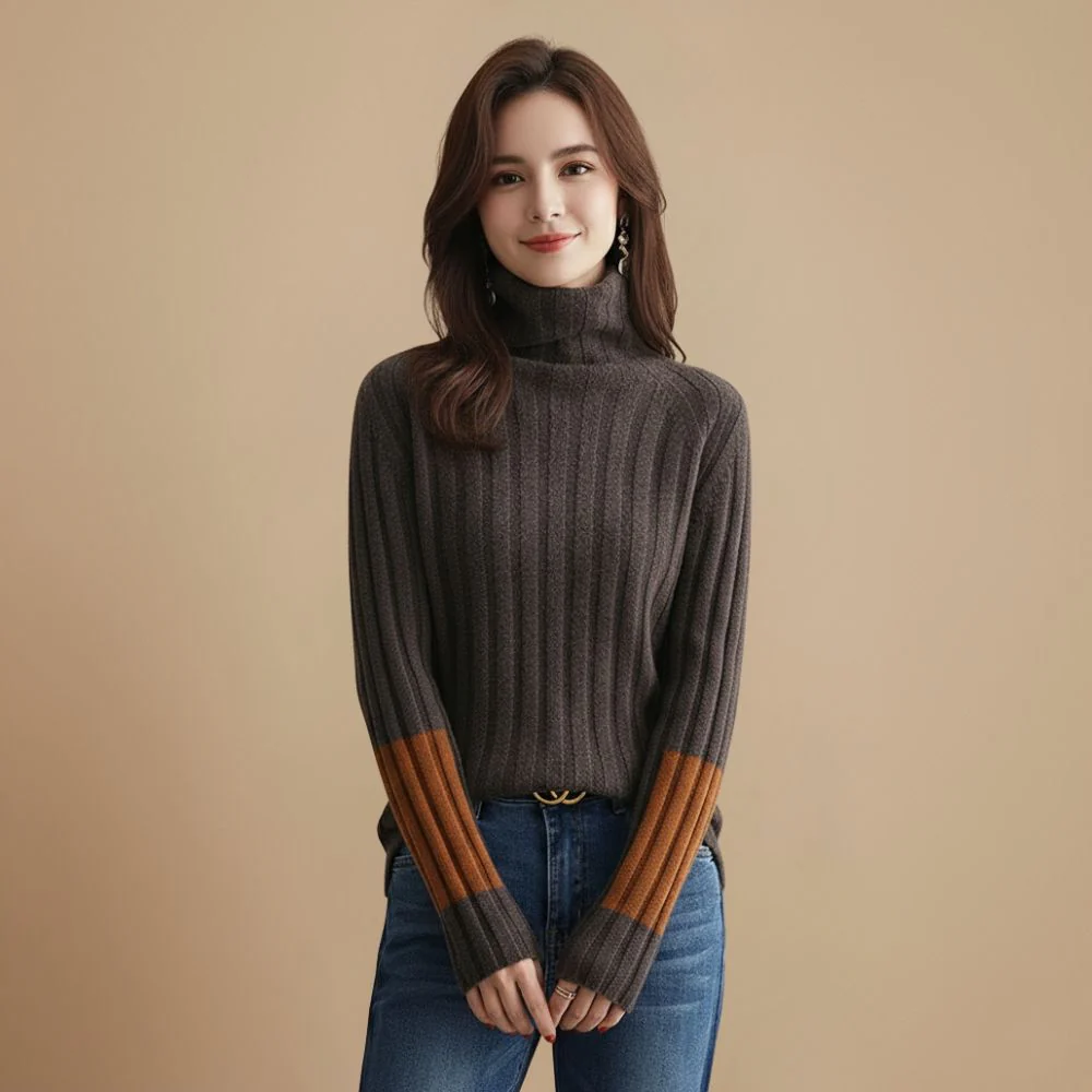 Women turtleneck colour block winter jumper