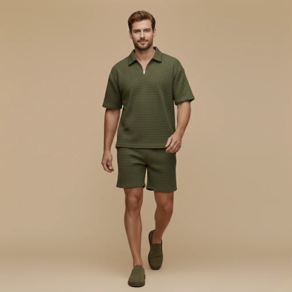 Men's quarter zip collar short sleeved and short set