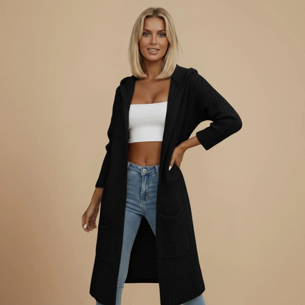 Women's cable knit long hooded cardigan