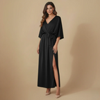 Women's elegant v-neck midi dress with tie belt