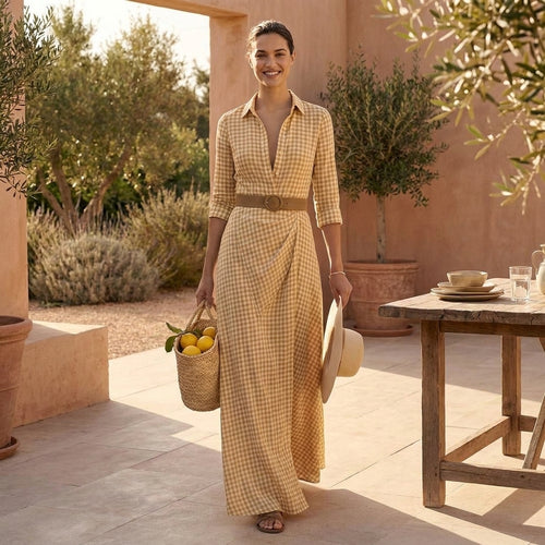 Belted Wrap Collared A-Line Maxi Shirtdress for Women – Stylish Daytime Comfort