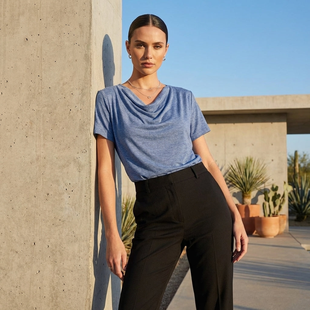 Draped Relaxed Fit Cowl Neck T-Shirts for Women – Casual Comfortable Style