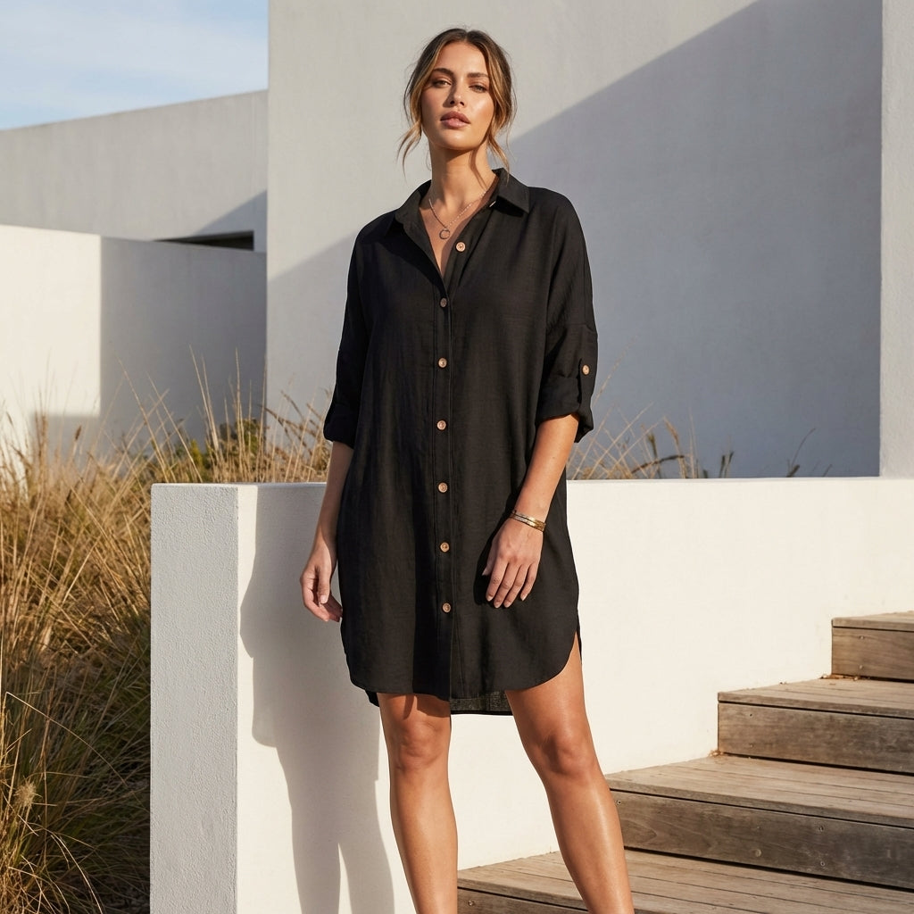 Relaxed Fit Collared Mini Shirt Dress for Women – Casual Stylish Comfort