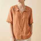 Sophia Relaxed Fit Blouse | V-Neck Scalloped Collar Blouse