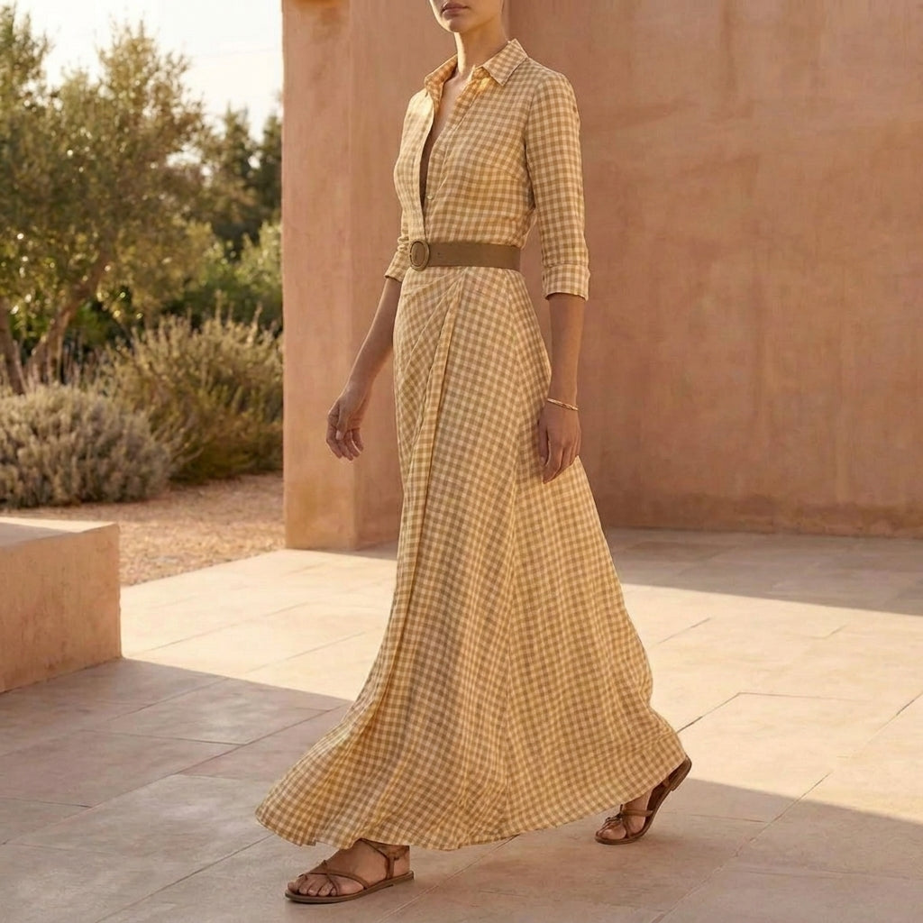Belted Wrap Collared A-Line Maxi Shirtdress for Women – Stylish Daytime Comfort