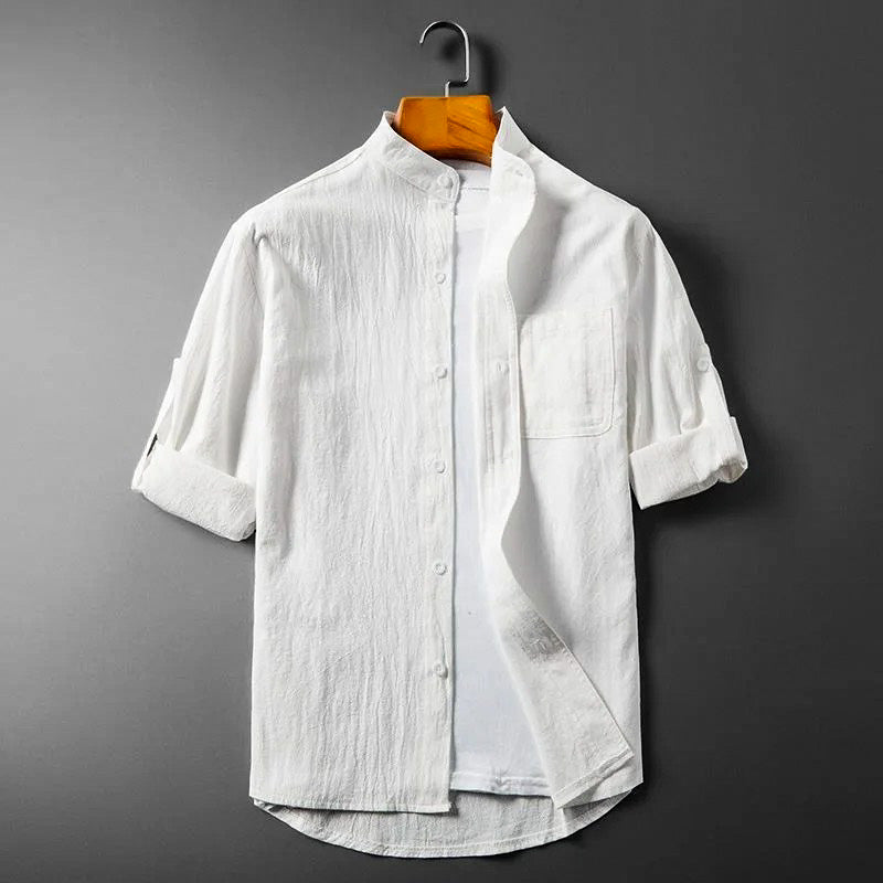 Arthur Relaxed Fit Band Collar Shirt | Button Front Chest Pocket Shirt