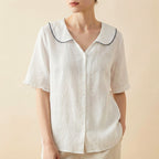 Sophia Relaxed Fit Blouse | V-Neck Scalloped Collar Blouse