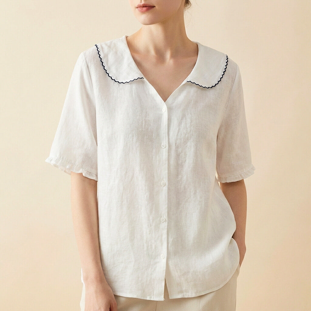 Sophia Relaxed Fit Blouse | V-Neck Scalloped Collar Blouse